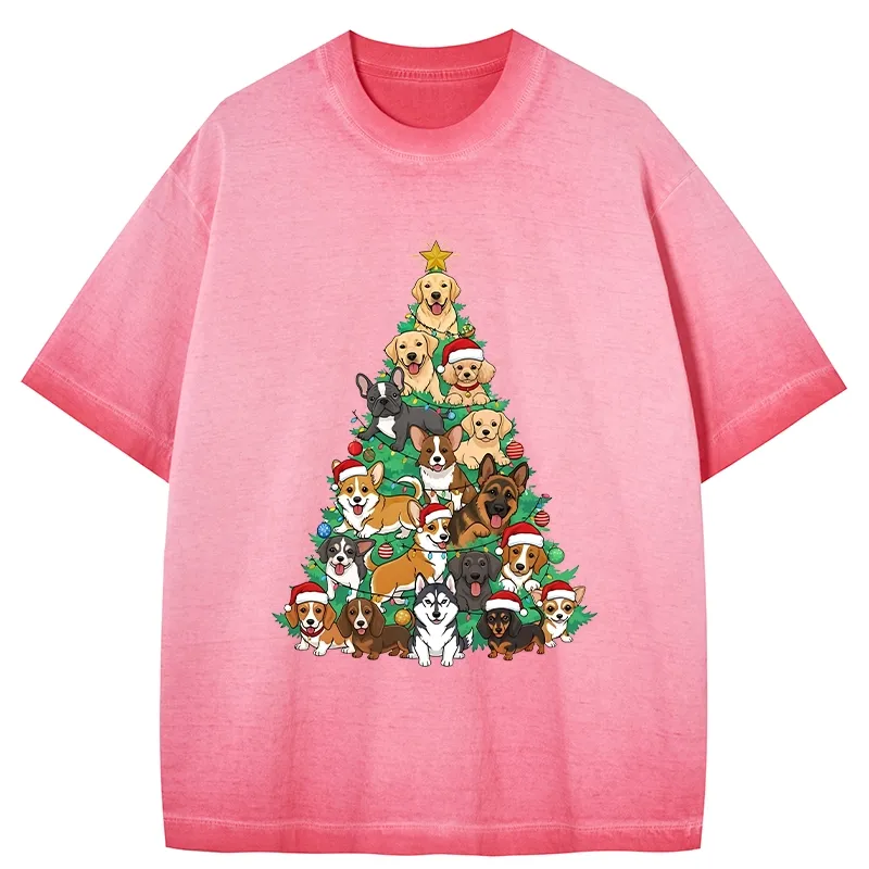 Tokyo-Tiger Christmas Tree Dog Funny Gradient Washed T-Shirt