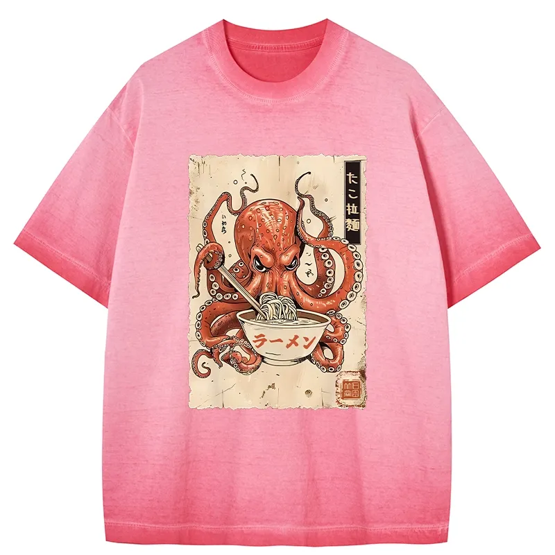 Tokyo-Tiger Retro Octopus Eating Ramen Gradient Washed T-Shirt