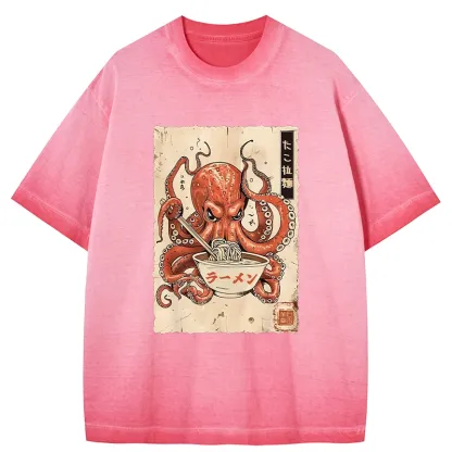 Tokyo-Tiger Retro Octopus Eating Ramen Gradient Washed T-Shirt