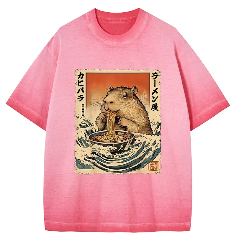 Tokyo-Tiger Hamster Eating Ramen Gradient Washed T-Shirt