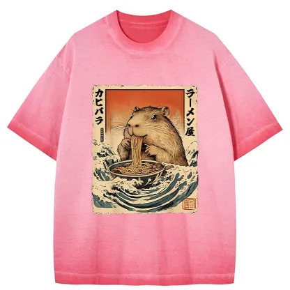 Tokyo-Tiger Hamster Eating Ramen Gradient Washed T-Shirt