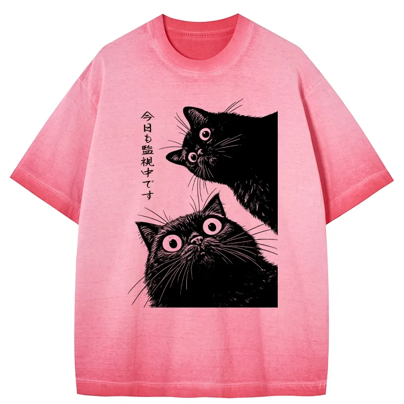 Tokyo-Tiger The Cat Is Watching Today Gradient Washed T-Shirt