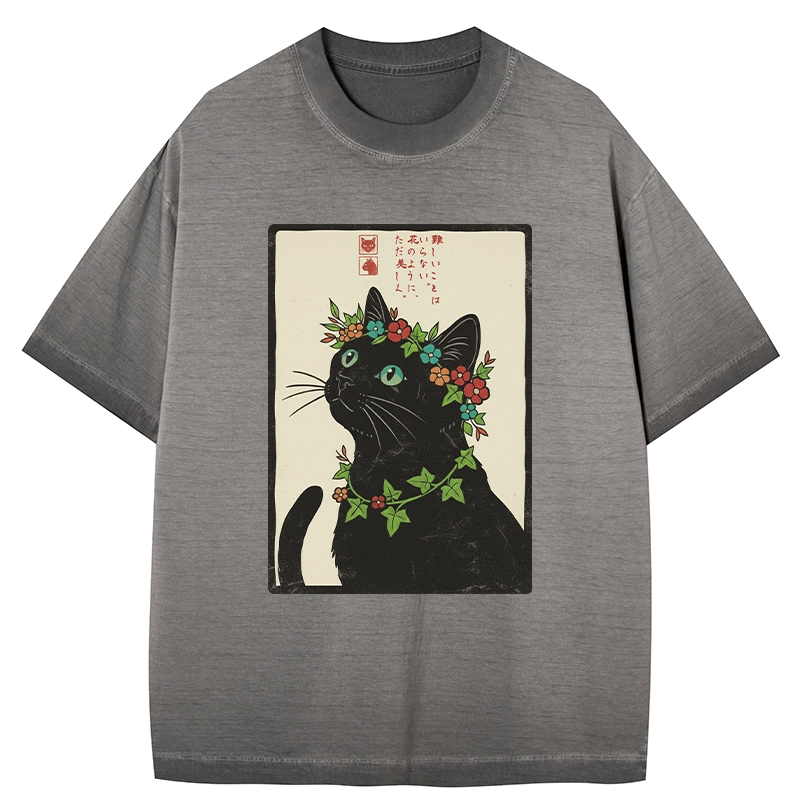 Tokyo-Tiger The Flower-Crowned Cat Gradient Washed T-Shirt