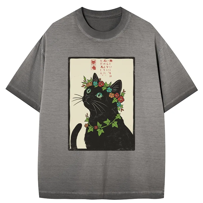 Tokyo-Tiger The Flower-Crowned Cat Gradient Washed T-Shirt