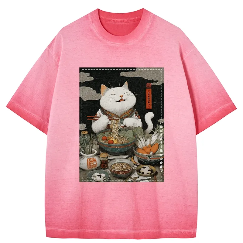 Tokyo-Tiger The Ramen-Loving Cat Gradient Washed T-Shirt