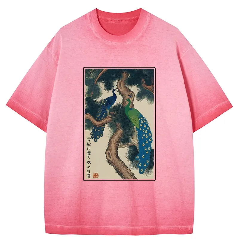 Tokyo-Tiger Peacocks in Snowy Pines Gradient Washed T-Shirt