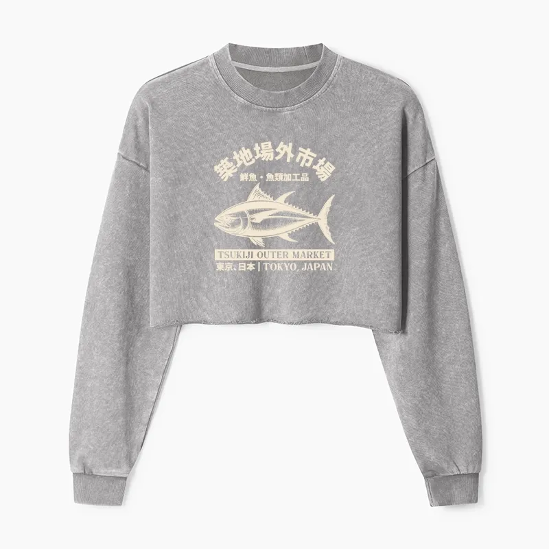 Tokyo-Tiger Japan Tsukiji Fish Market Washed Crop Sweatshirt