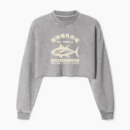 Tokyo-Tiger Japan Tsukiji Fish Market Washed Crop Sweatshirt