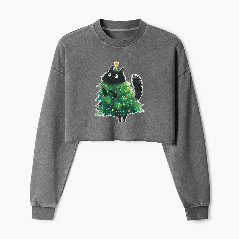 Tokyo-Tiger Christmas Tree Cat Japan Washed Crop Sweatshirt