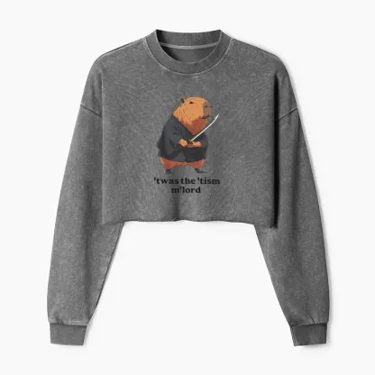 Tokyo-Tiger Focused Samurai Capybara Washed Crop Sweatshirt