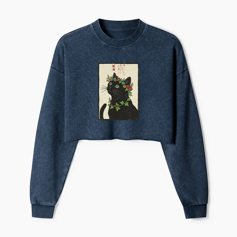 Tokyo-Tiger The Flower-Crowned Cat Washed Crop Sweatshirt