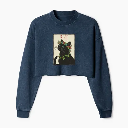 Tokyo-Tiger The Flower-Crowned Cat Washed Crop Sweatshirt