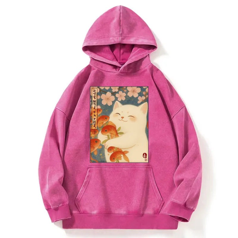 Tokyo-Tiger Funny Ukiyoe Cat and Fish Flower Washed Hoodie