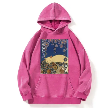 Tokyo-Tiger Ukiyoe Wisteria Flowers and Cats Washed Hoodie