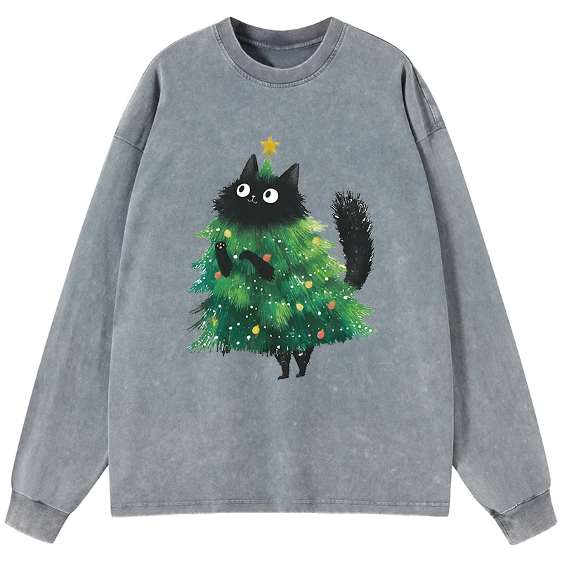 Tokyo-Tiger Christmas Tree Cat Japan Washed Long Sleeve T-Shirt