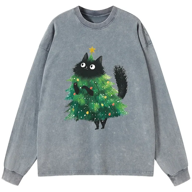 Tokyo-Tiger Christmas Tree Cat Japan Washed Long Sleeve T-Shirt