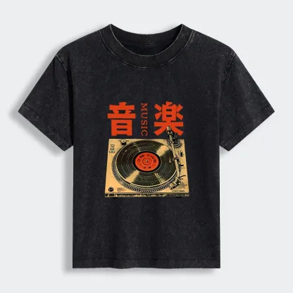 Tokyo-Tiger Retro Music Record Player Women's Washed T-shirt