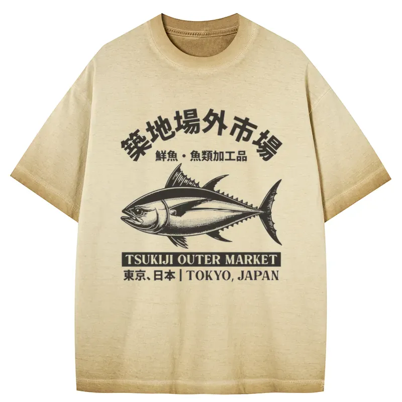 Tokyo-Tiger Tokyo Japan Tsukiji Fish Market Gradient Washed T-Shirt