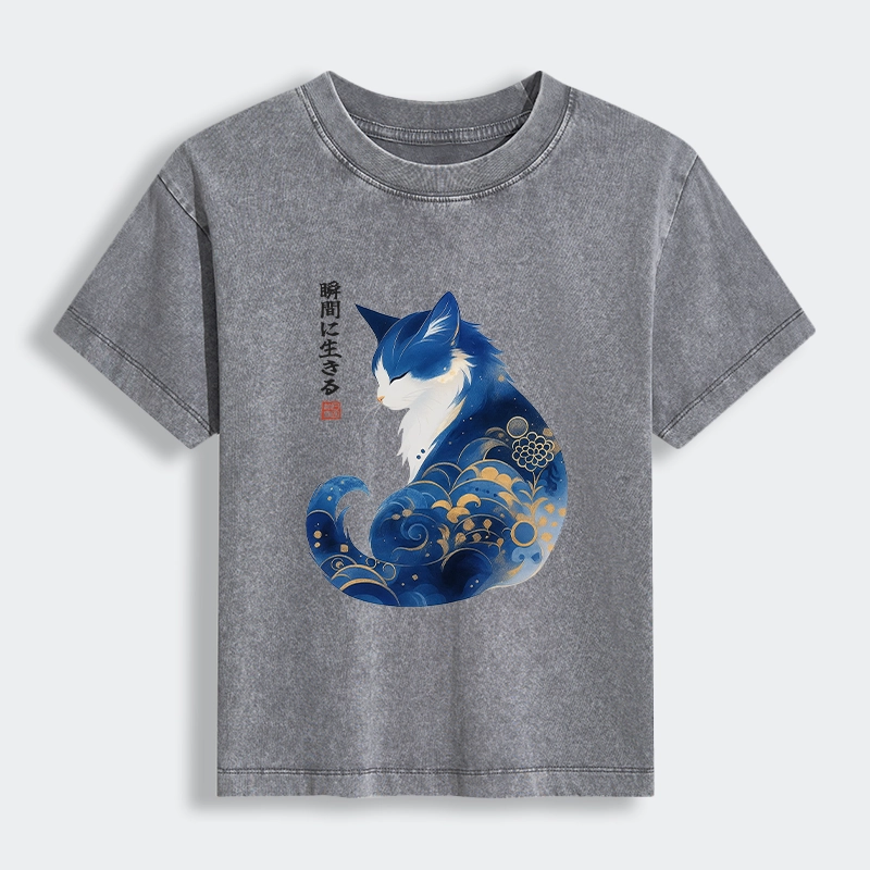 Tokyo-Tiger Retro Zen Cat: Living the Present Women's Washed T-shirt