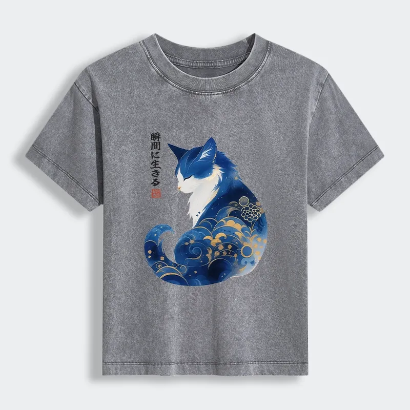 Tokyo-Tiger Retro Zen Cat: Living the Present Women's Washed T-shirt