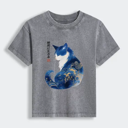 Tokyo-Tiger Retro Zen Cat: Living the Present Women's Washed T-shirt
