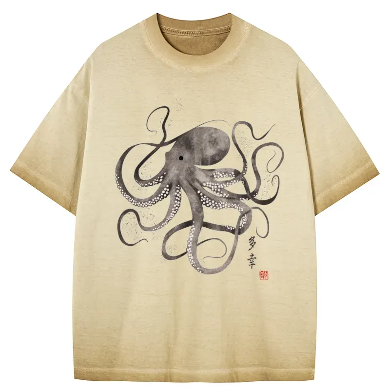 Tokyo-Tiger Octopus Japanese Calligraphy Gradient Washed T-Shirt
