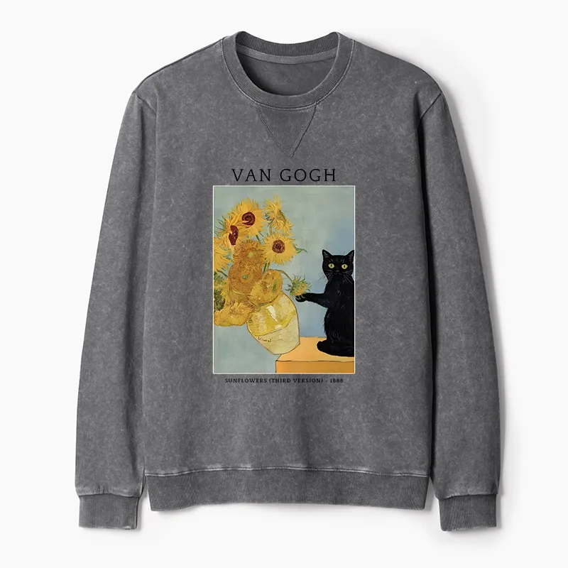 Tokyo-Tiger Black Cat With Sunflowers Washed Terry Sweatshirt