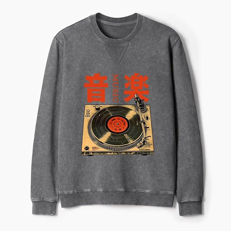 Tokyo-Tiger Retro Music Record Player Washed Terry Sweatshirt