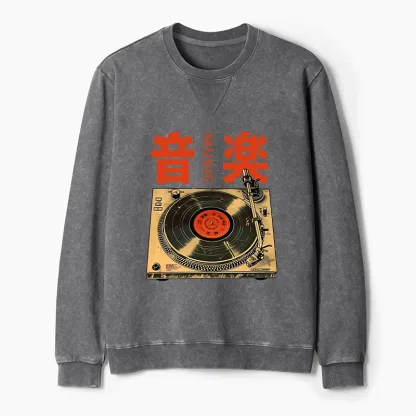 Tokyo-Tiger Retro Music Record Player Washed Terry Sweatshirt