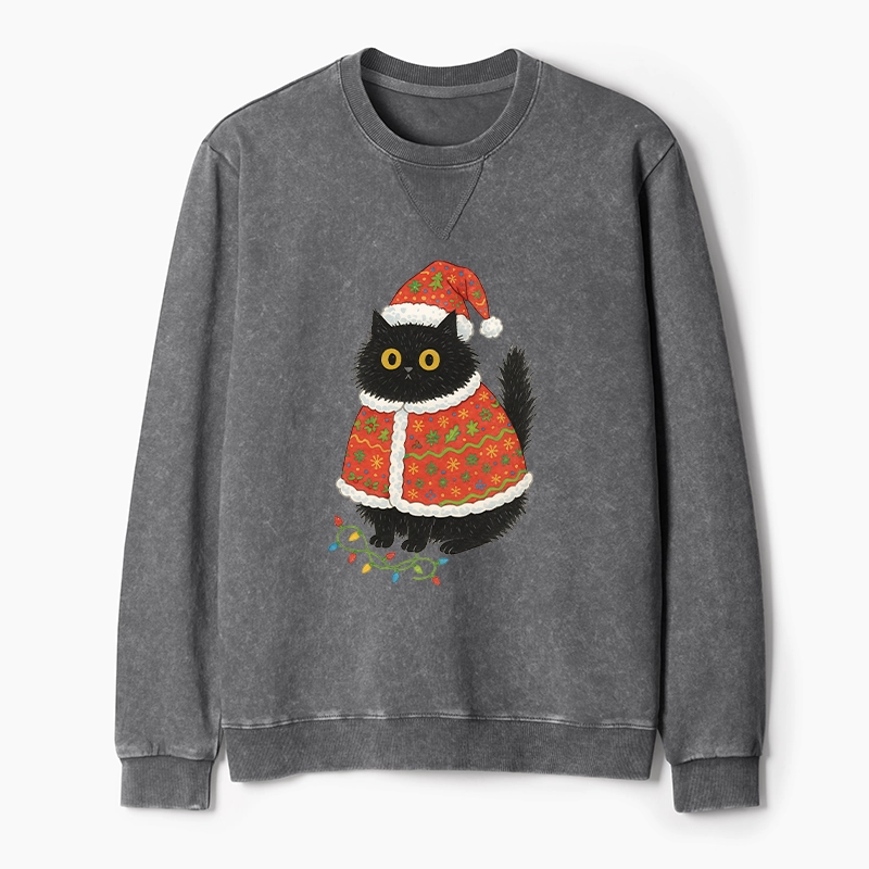 Tokyo-Tiger Cat Wearing Santa Hat Washed Terry Sweatshirt