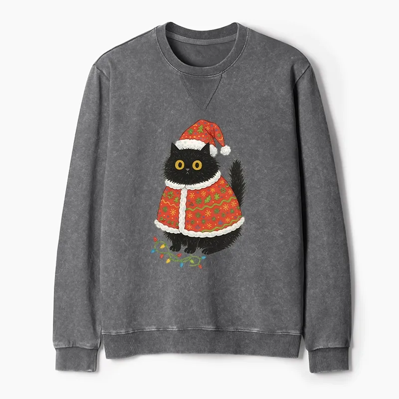 Tokyo-Tiger Cat Wearing Santa Hat Washed Terry Sweatshirt