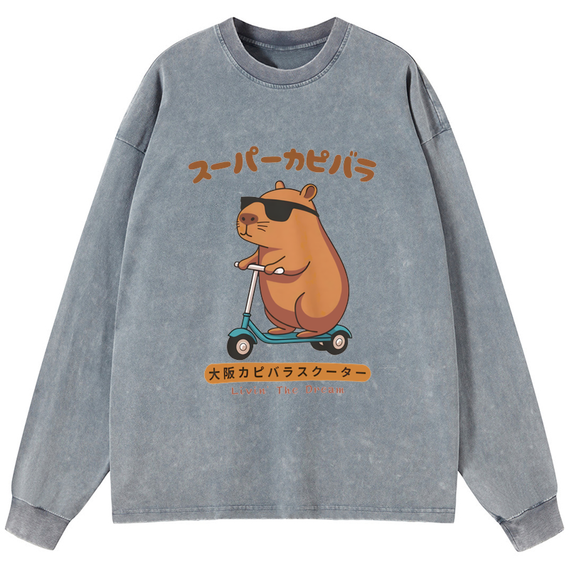 Tokyo-Tiger Osaka Capybara Scooter Washed Long Sleeve T-Shirt