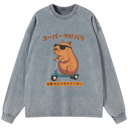 Tokyo-Tiger Osaka Capybara Scooter Washed Long Sleeve T-Shirt
