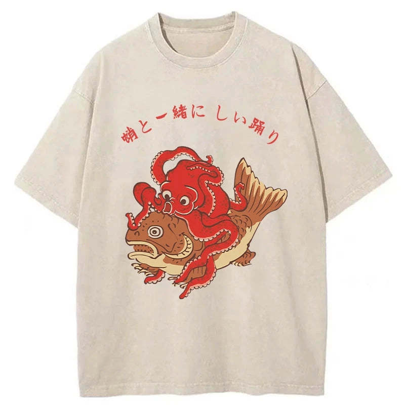 Tokyo-Tiger Octopus And Koi Dance Together Washed T-Shirt Sale