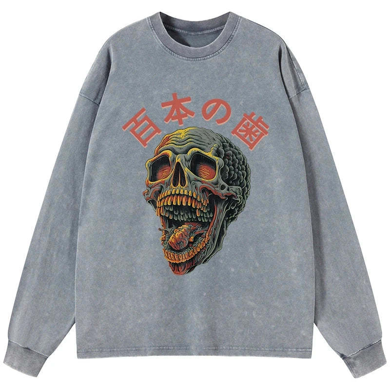 Tokyo-Tiger Terrifying And Disgusting Skull Washed Long Sleeve T-Shirt
