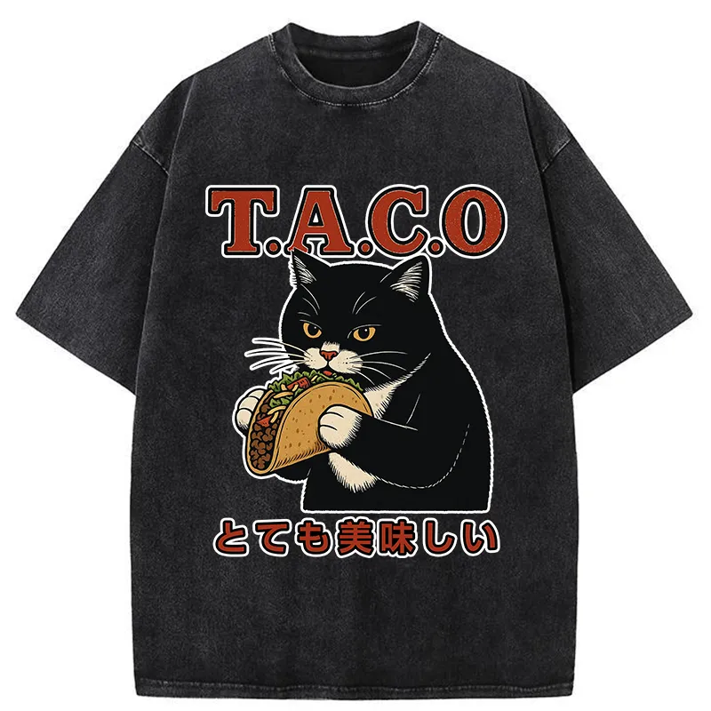 Tokyo-Tiger Cat Eating Taco Washed T-Shirt