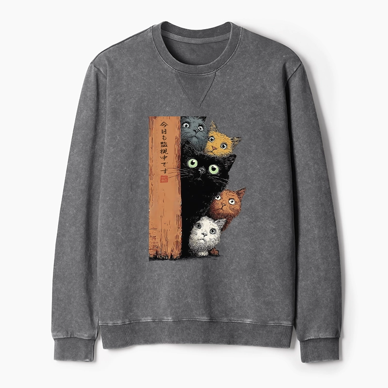 Tokyo-Tiger Five Cats Are Watching You Washed Terry Sweatshirt