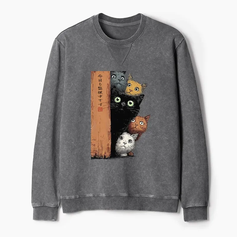 Tokyo-Tiger Five Cats Are Watching You Washed Terry Sweatshirt