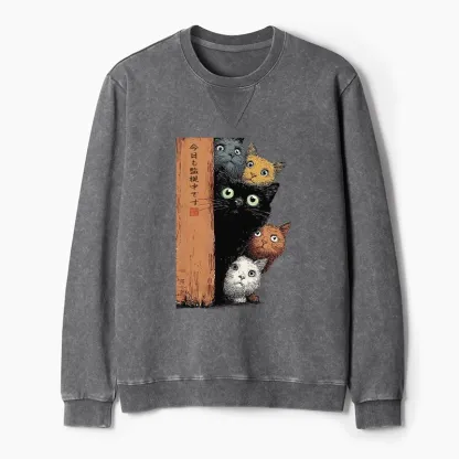 Tokyo-Tiger Five Cats Are Watching You Washed Terry Sweatshirt