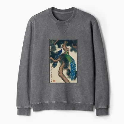 Tokyo-Tiger Peacocks in Snowy Pines Washed Terry Sweatshirt