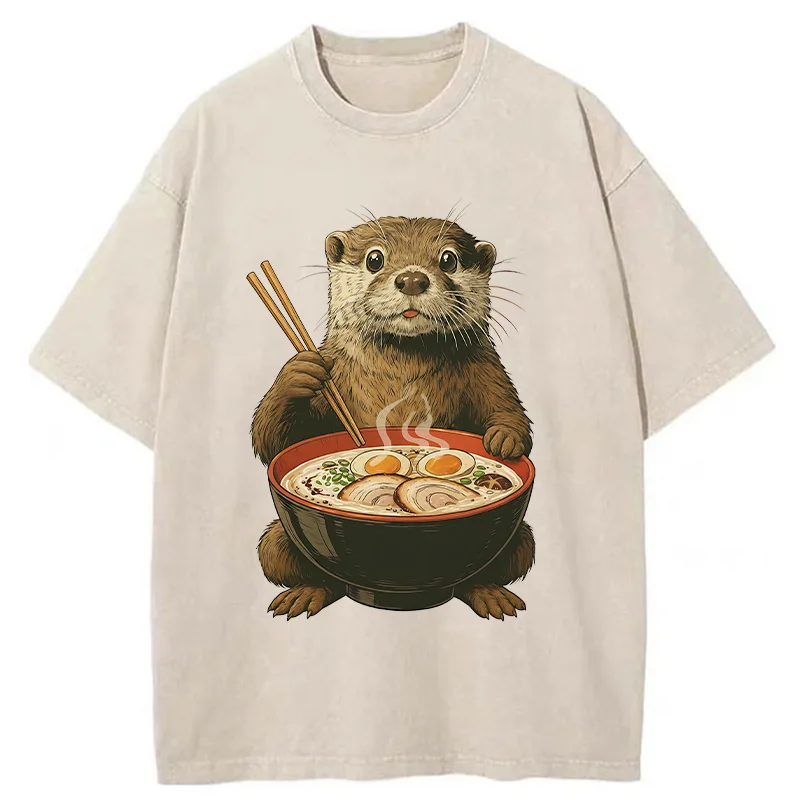 Tokyo-Tiger Otter Eating Ramen Washed T-Shirt