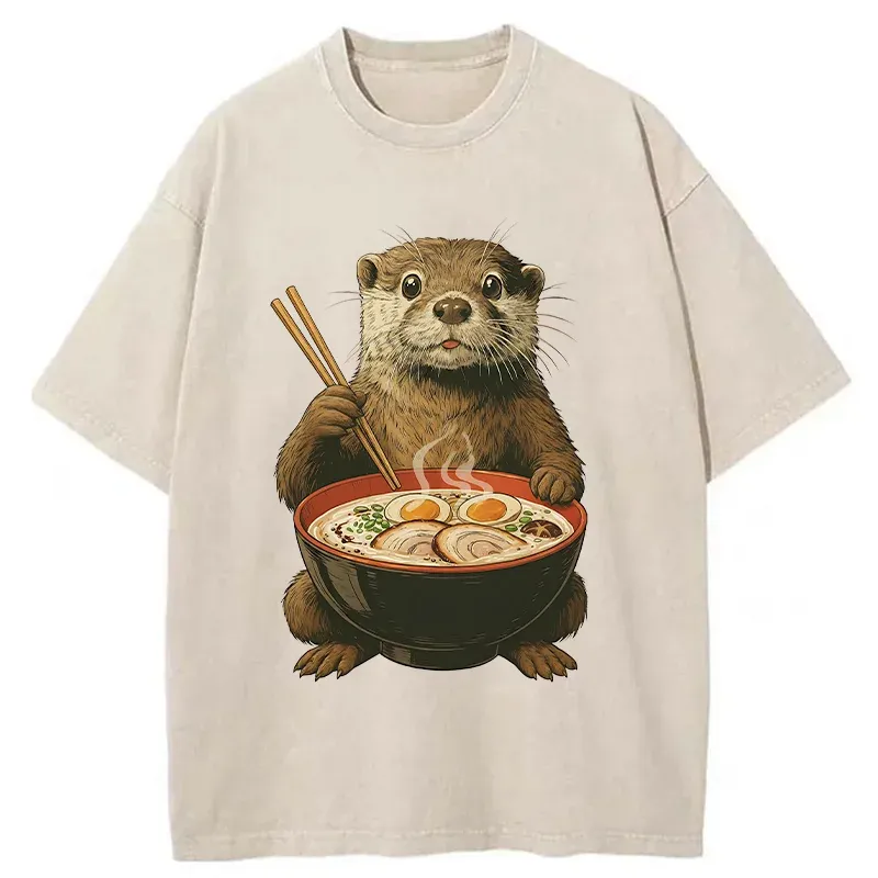 Tokyo-Tiger Otter Eating Ramen Washed T-Shirt