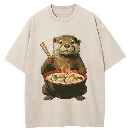 Tokyo-Tiger Otter Eating Ramen Washed T-Shirt