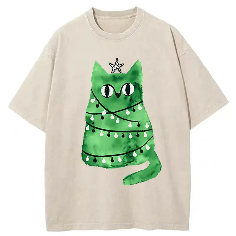 Tokyo-Tiger Christmas Tree Green Cat Washed T-Shirt
