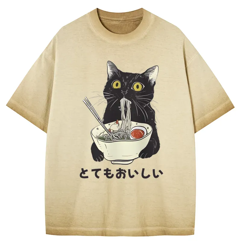 Tokyo-Tiger Cats Eat Ramen Noodles Gradient Washed T-Shirt