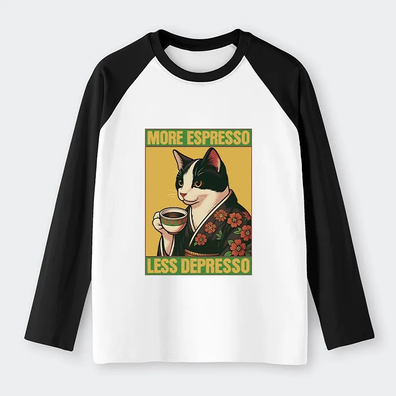 Tokyo-Tiger Tuxedo Cat Drinking Coffee Raglan Long Sleeve T-shirt