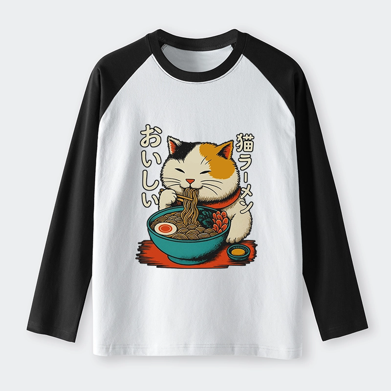 Tokyo-Tiger Cute Eat Eating Japanese Ramen Raglan Long Sleeve T-shirt
