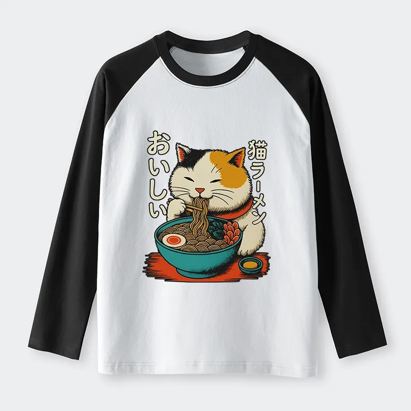 Tokyo-Tiger Cute Eat Eating Japanese Ramen Raglan Long Sleeve T-shirt