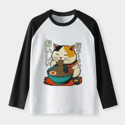 Tokyo-Tiger Cute Eat Eating Japanese Ramen Raglan Long Sleeve T-shirt