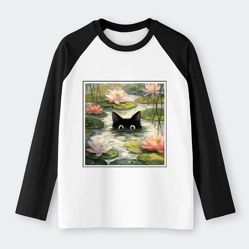Tokyo-Tiger Black Cat and Lotus Flower Raglan Long Sleeve T-shirt